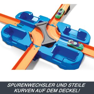Colorful toy racetrack with interactive features and racing cars for exciting high-speed play.