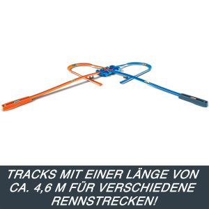 Colorful modular toy racing track for kids, featuring 4.6 meters of dynamic loops and curves.