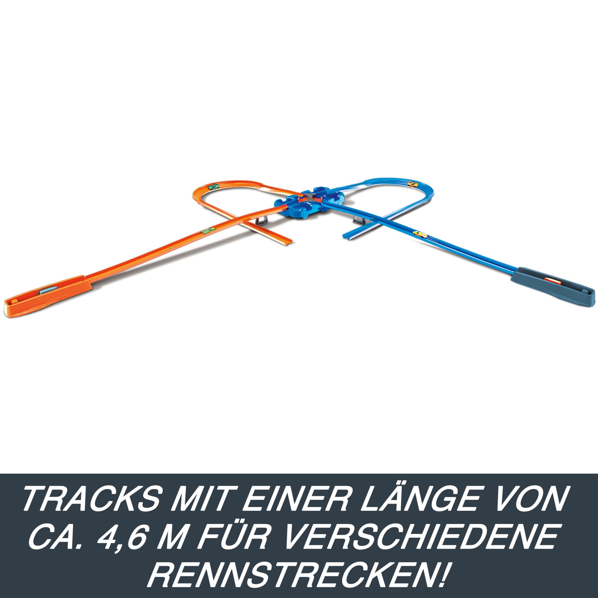Colorful modular toy racing track for kids, featuring 4.6 meters of dynamic loops and curves.