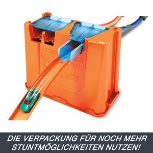 Dynamic toy car track with dual launch platform for exciting races and stunts.