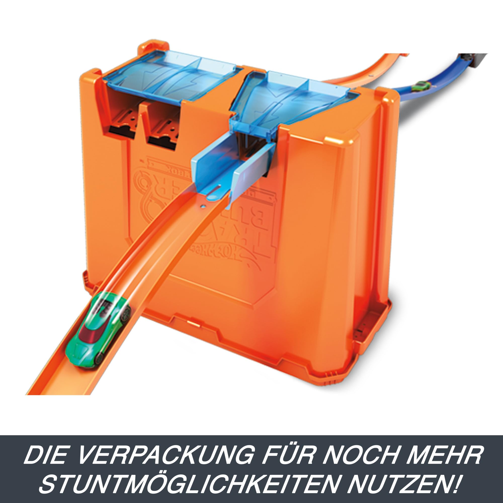 Dynamic toy car track with dual launch platform for exciting races and stunts.