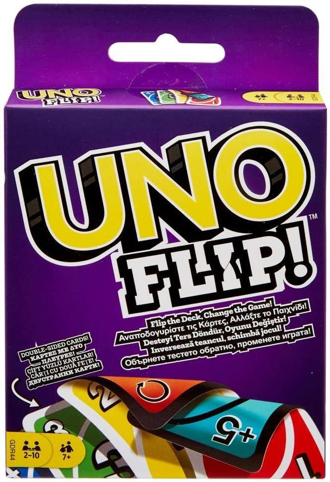 Vibrant UNO Flip! game box showcases double-sided cards for 2-10 players aged 7+.