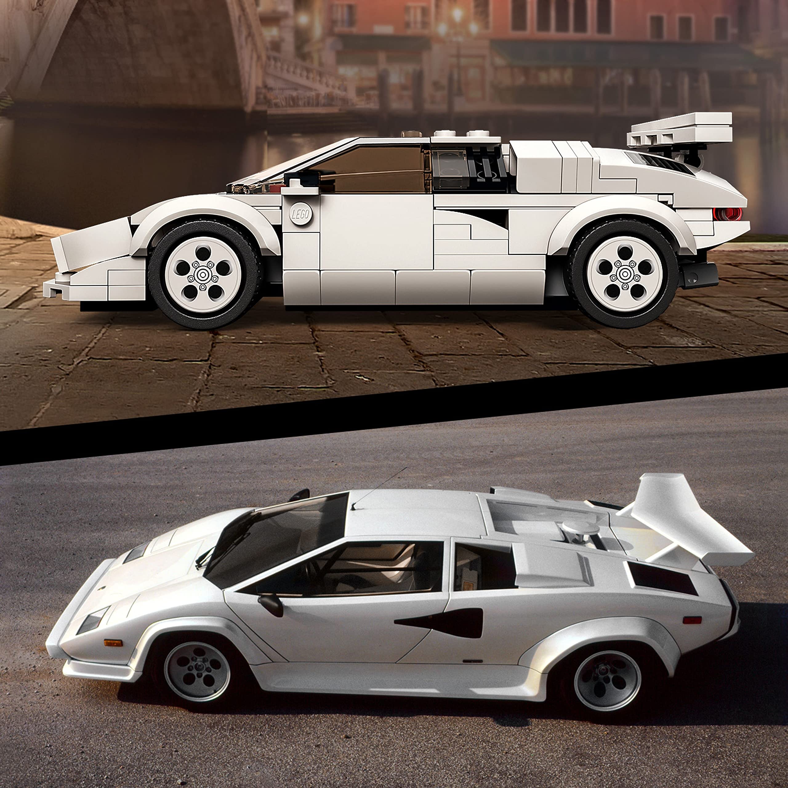 LEGO sports car and real car side by side, showcasing playful design versus refined elegance.