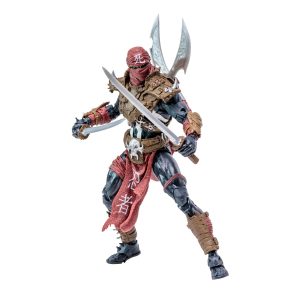 Fierce warrior action figure in dynamic pose with intricate armor, weapons, and mysterious red mask.