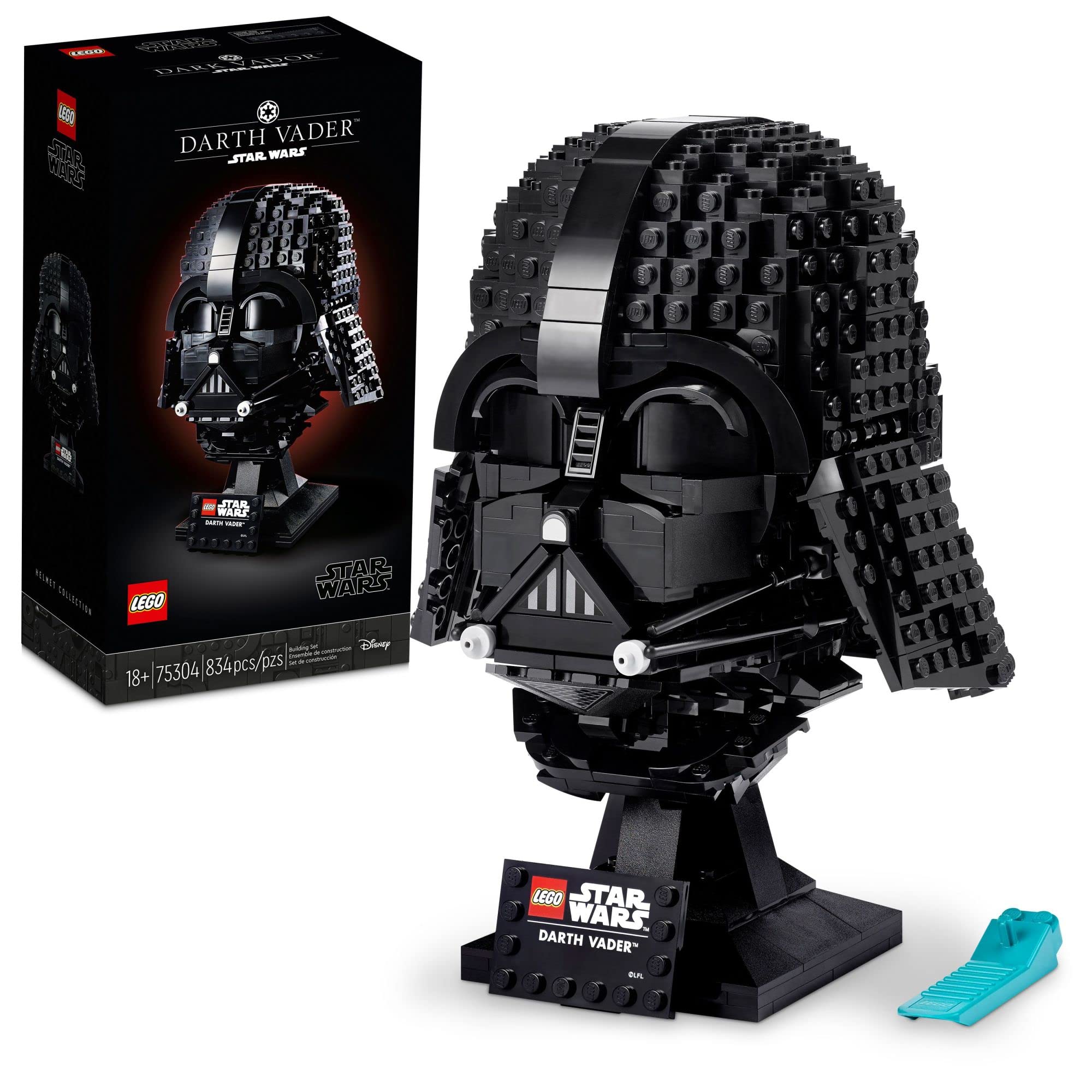 Darth Vader LEGO helmet model on display, a must-have collectible for Star Wars fans.