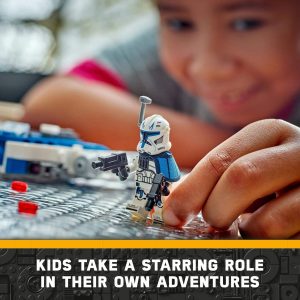 Child explores creativity with LEGO and a clone trooper in imaginative play.