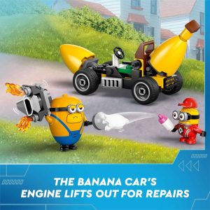 Minions fix the funny Banana Car in a bright, cheerful neighborhood scene.