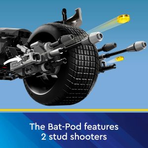 Sleek Bat-Pod with stud shooters, blending advanced design and Batmans iconic style.
