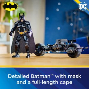 Dynamic Batman action figure with Batmobile, showcasing intricate details and playful adventure.