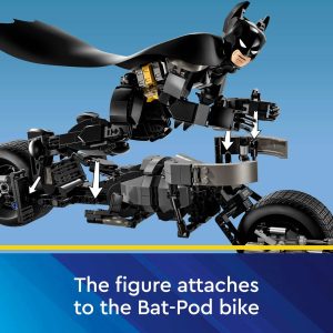 LEGO Batman action figure poised to jump onto the sleek Bat-Pod motorcycle for heroic adventures.