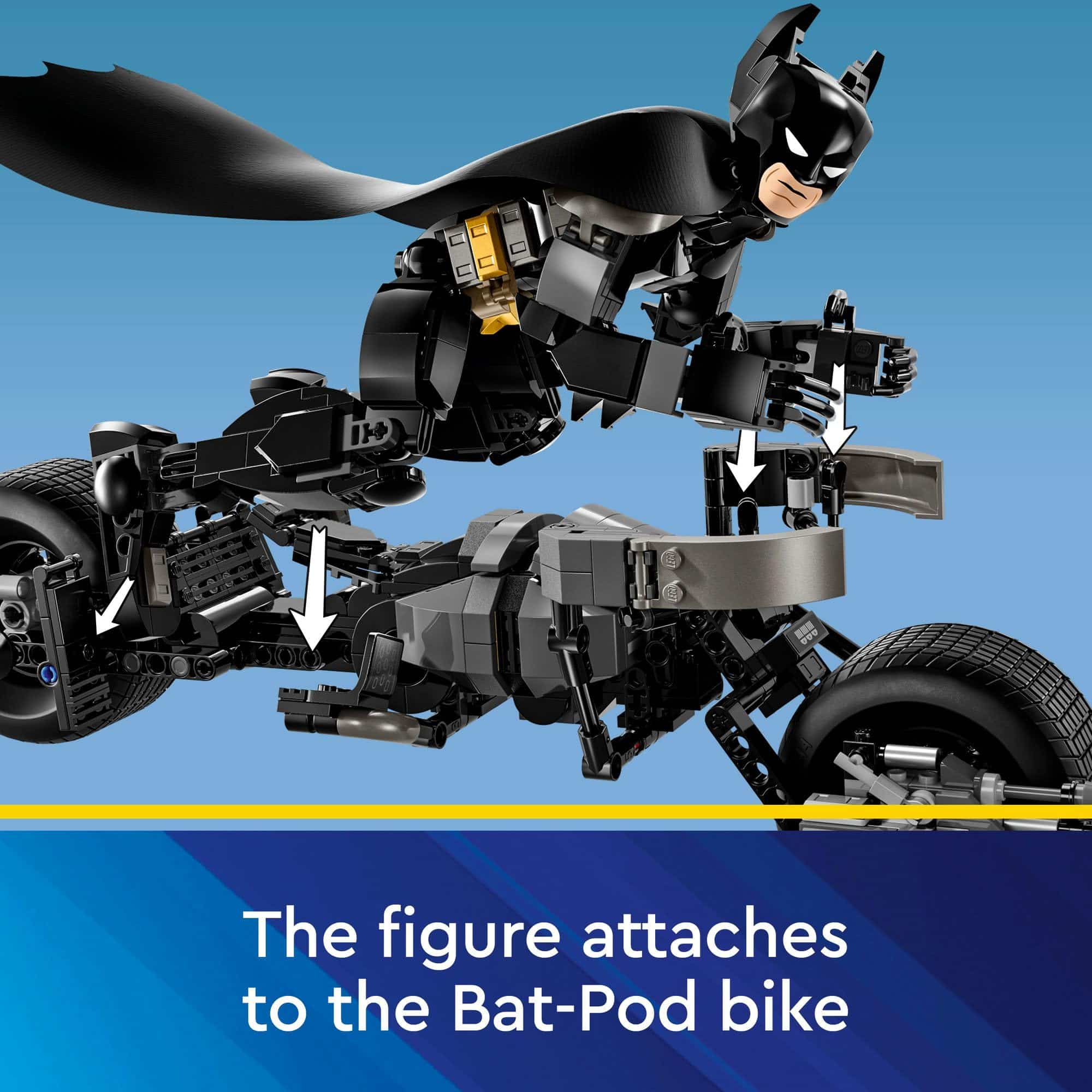 LEGO Batman action figure poised to jump onto the sleek Bat-Pod motorcycle for heroic adventures.