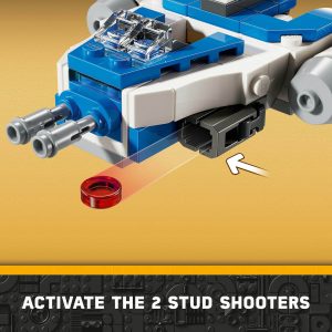 Futuristic blue and white spaceship model with interactive stud shooters on a vibrant yellow background.