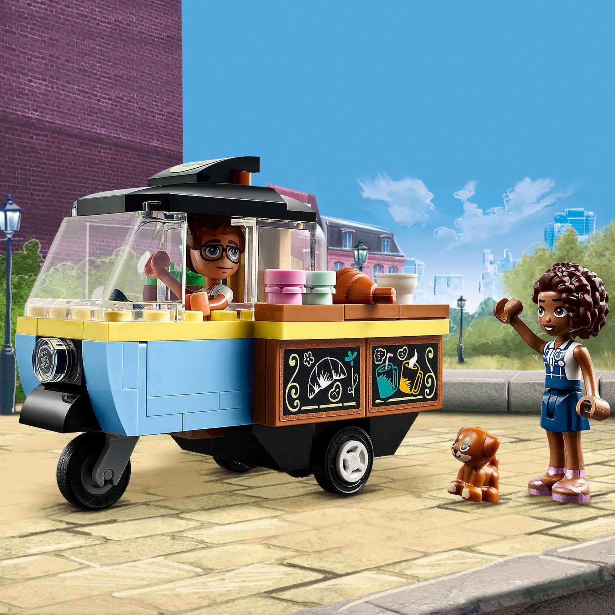 Joyful food cart scene with a friendly woman, dog, and excited girl on a sunny street.