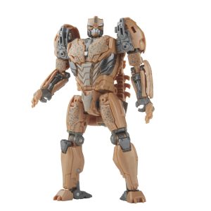 Intricate futuristic robotic action figure in warm tones against a clean white background.