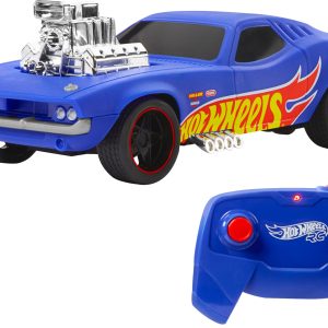 Vibrant blue Hot Wheels car with remote control, sleek design and bold racing features.