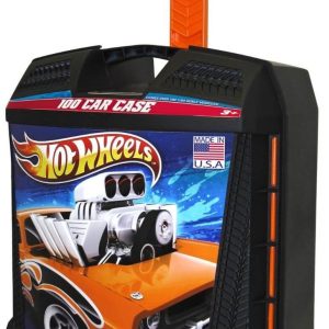 Vibrant Hot Wheels car case with durable design, holds 100 toy cars for easy transport.