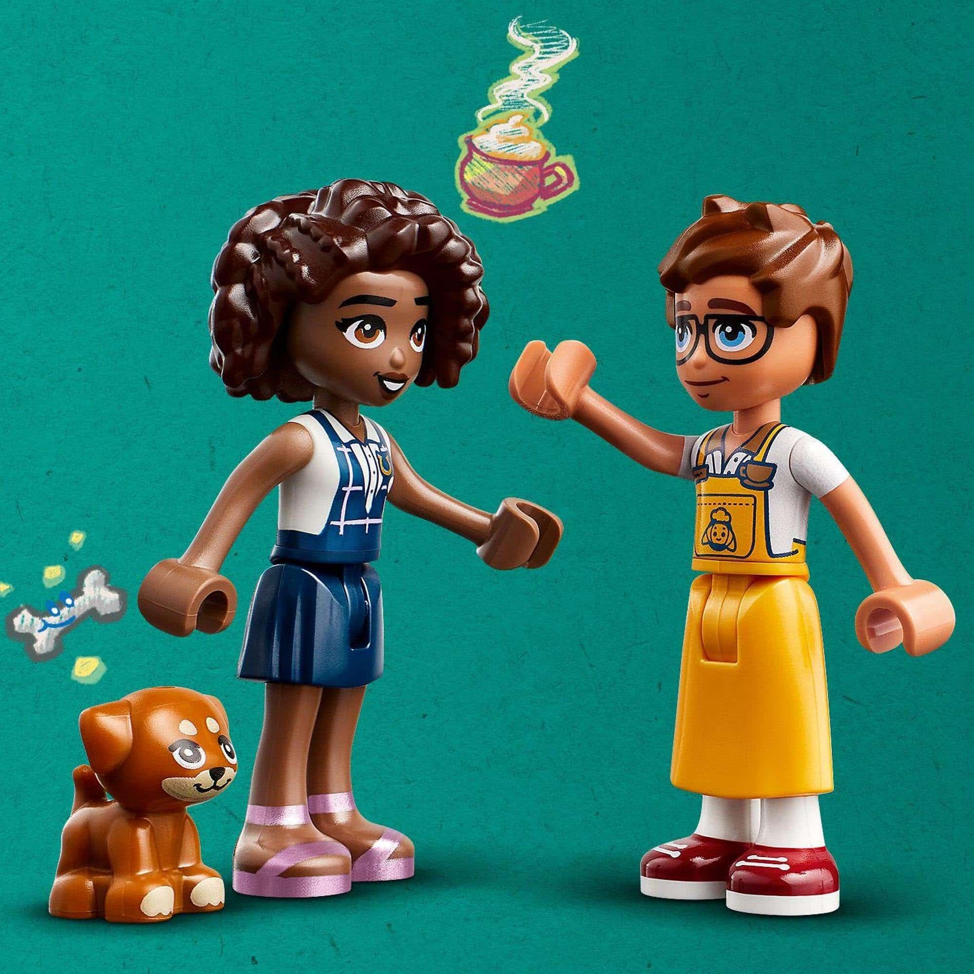 Cheerful LEGO Friends engage in a baking adventure with a playful dog and delicious treats.