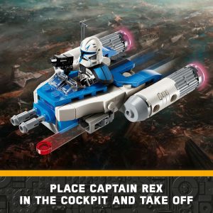 LEGO spacecraft with Captain Rex in cockpit, featuring vibrant colors and imaginative outer space backdrop.
