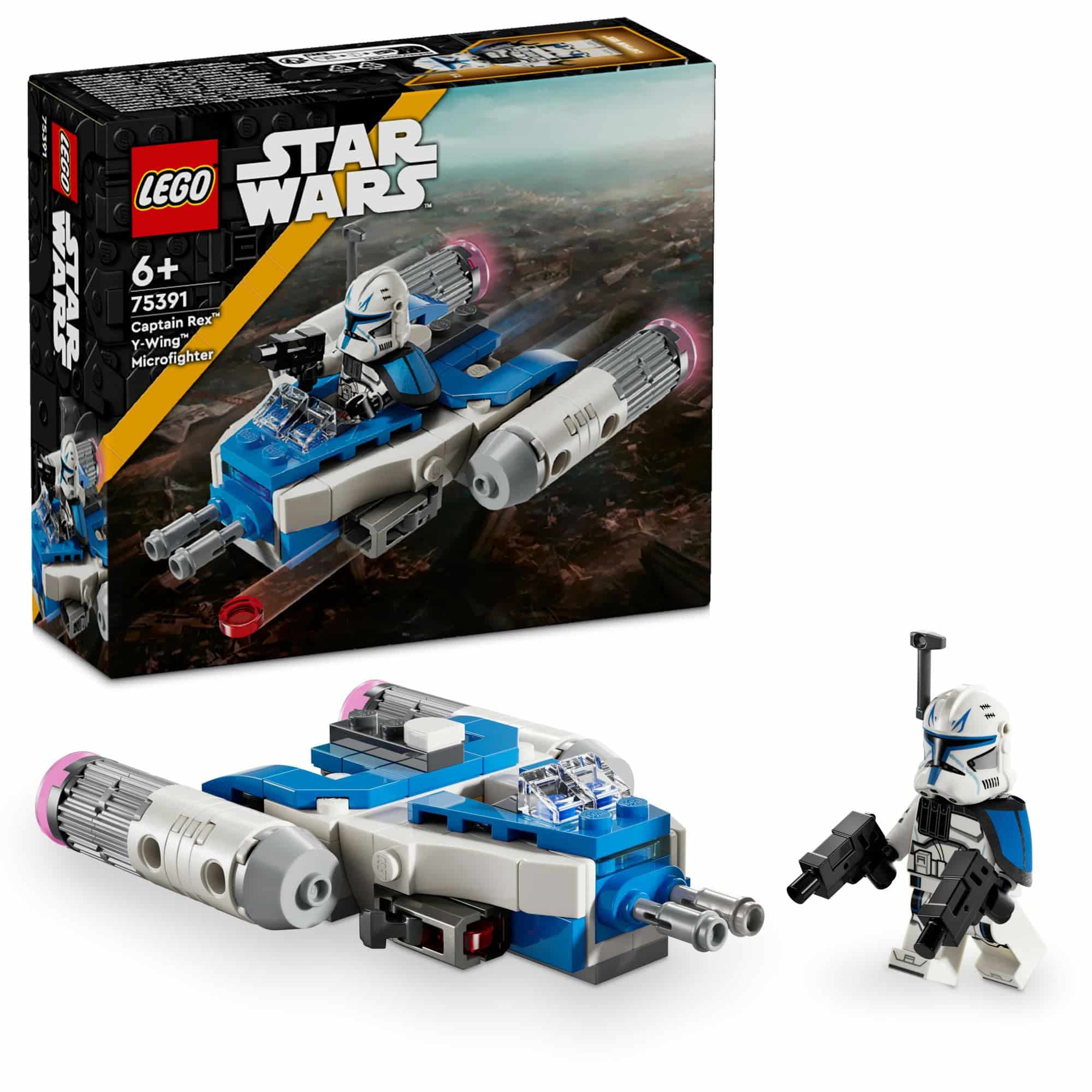 LEGO Star Wars 75391 set featuring a blue starship and clone trooper minifigure for battles.