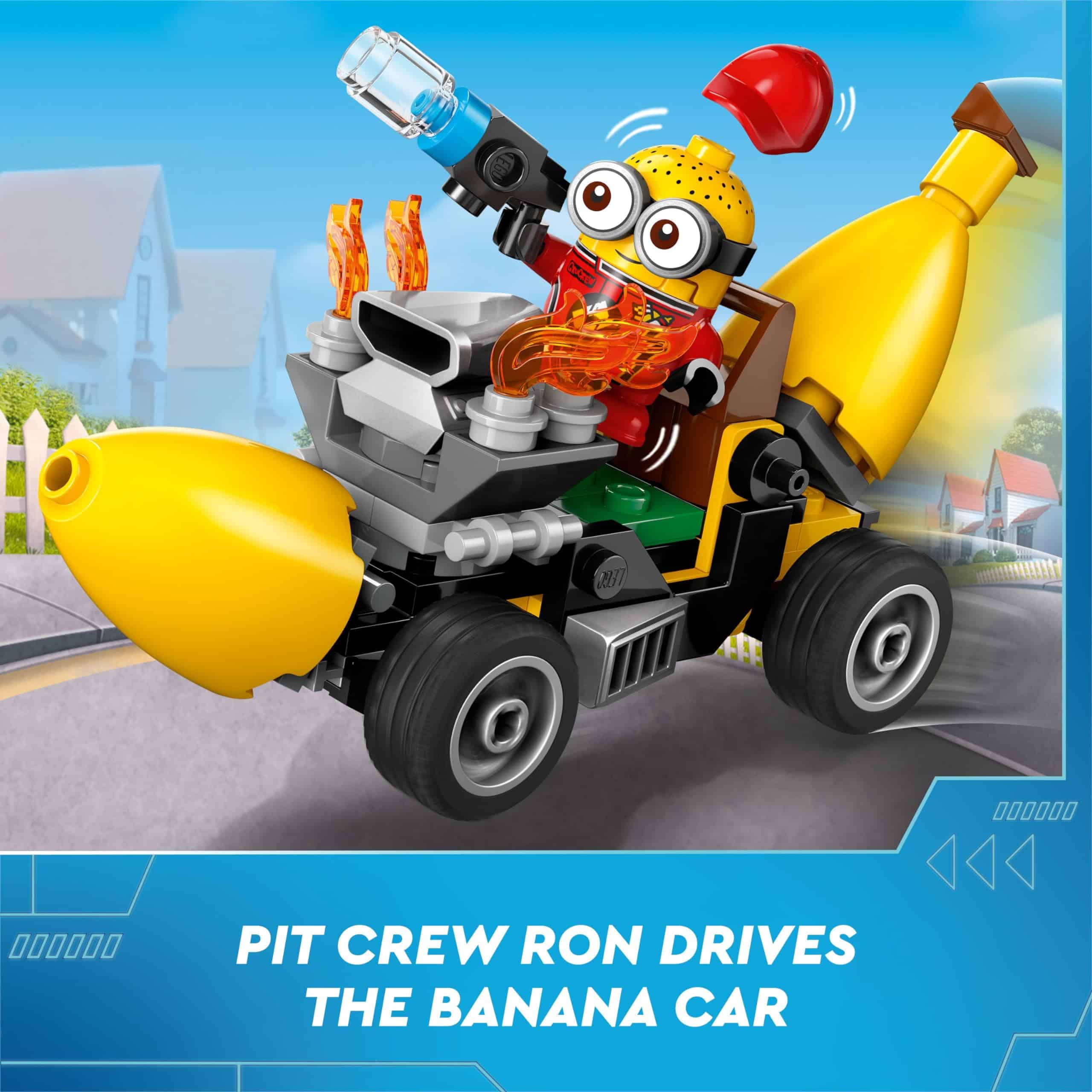 Pit Crew Ron joyfully races in his whimsical Banana Car through a cheerful neighborhood.
