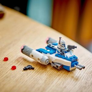 Futuristic blue and white space vehicle with clone trooper ready for action and adventure.