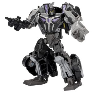 Dynamic transformer action figure in sleek gray and black with purple accents, ready for battle.