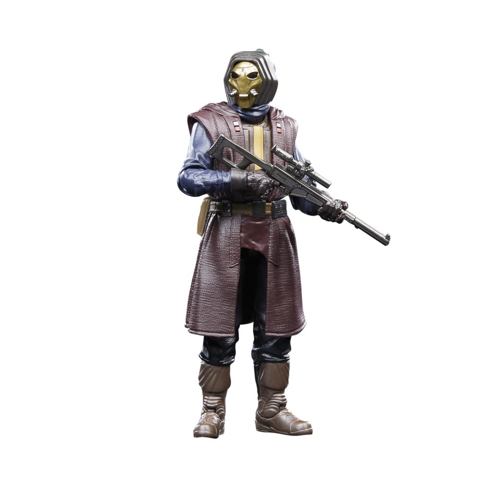 Futuristic action figure in dark coat, glossy helmet, and rifle ready for sci-fi adventures.