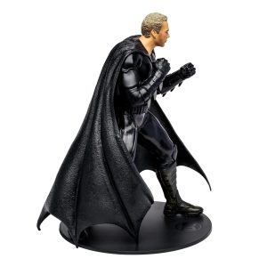 Dynamic superhero action figure in sleek black costume with flowing cape, exuding strength and readiness.