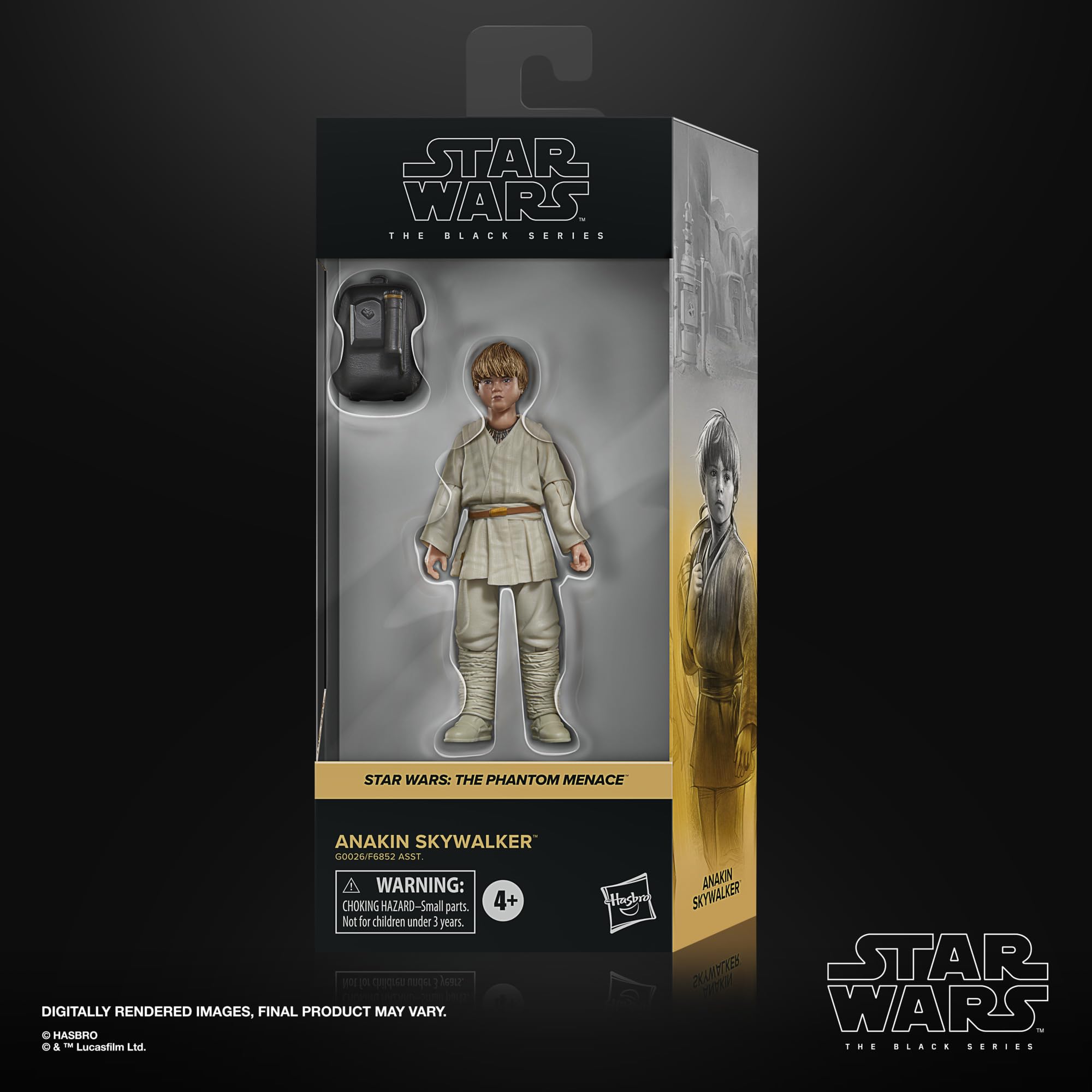 Collectible Anakin Skywalker action figure from The Phantom Menace in stylish black packaging.