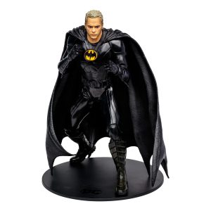 Batman figurine with cape, dynamic pose, glossy black details, modern superhero collectible.