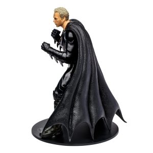 Dynamic black hero figurine with cape, ready for action and featuring striking blond hair.