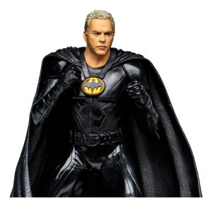 Black superhero action figure with cape, yellow emblem, and dynamic pose for collectors and fans.
