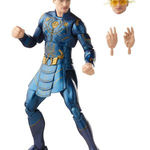 Dynamic blue armored action figure with interchangeable accessories for superhero collections.