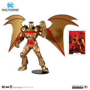 DC Multiverse armored hero figure with wings in gold and red accents, dynamic pose, collectible.