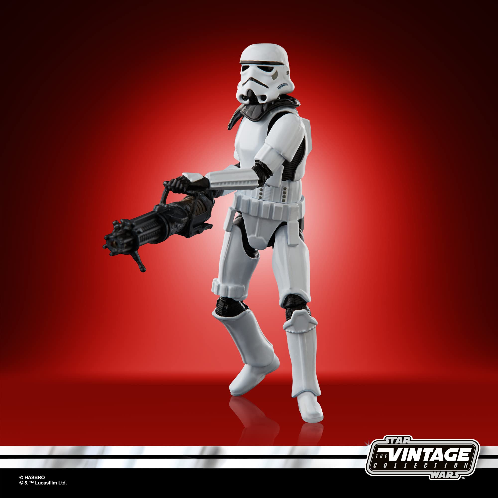 Star Wars Stormtrooper action figure in white armor, dynamic pose against a striking red background.