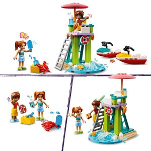 Vibrant beach scene with a lifeguard tower, playful characters, and summer fun activities.