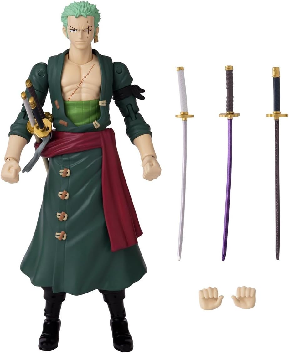 Dynamic Green Swordsman Action Figure with swords and interchangeable hands for versatile display.