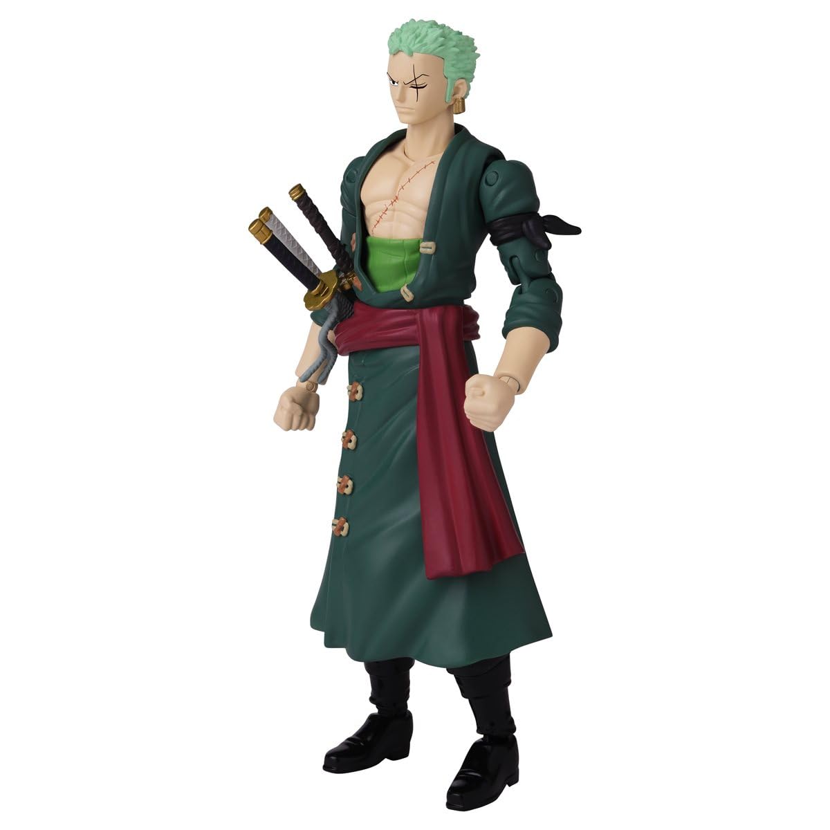 Muscular green warrior action figure with swords, spiky hair, and elegant coat.