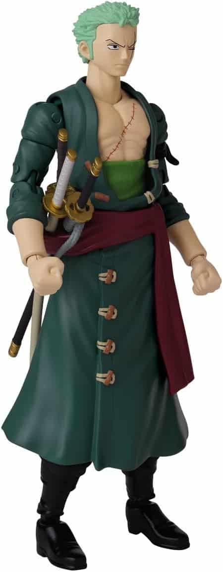 Muscular swordsman action figure in dark green coat with spiky hair and sheathed swords.