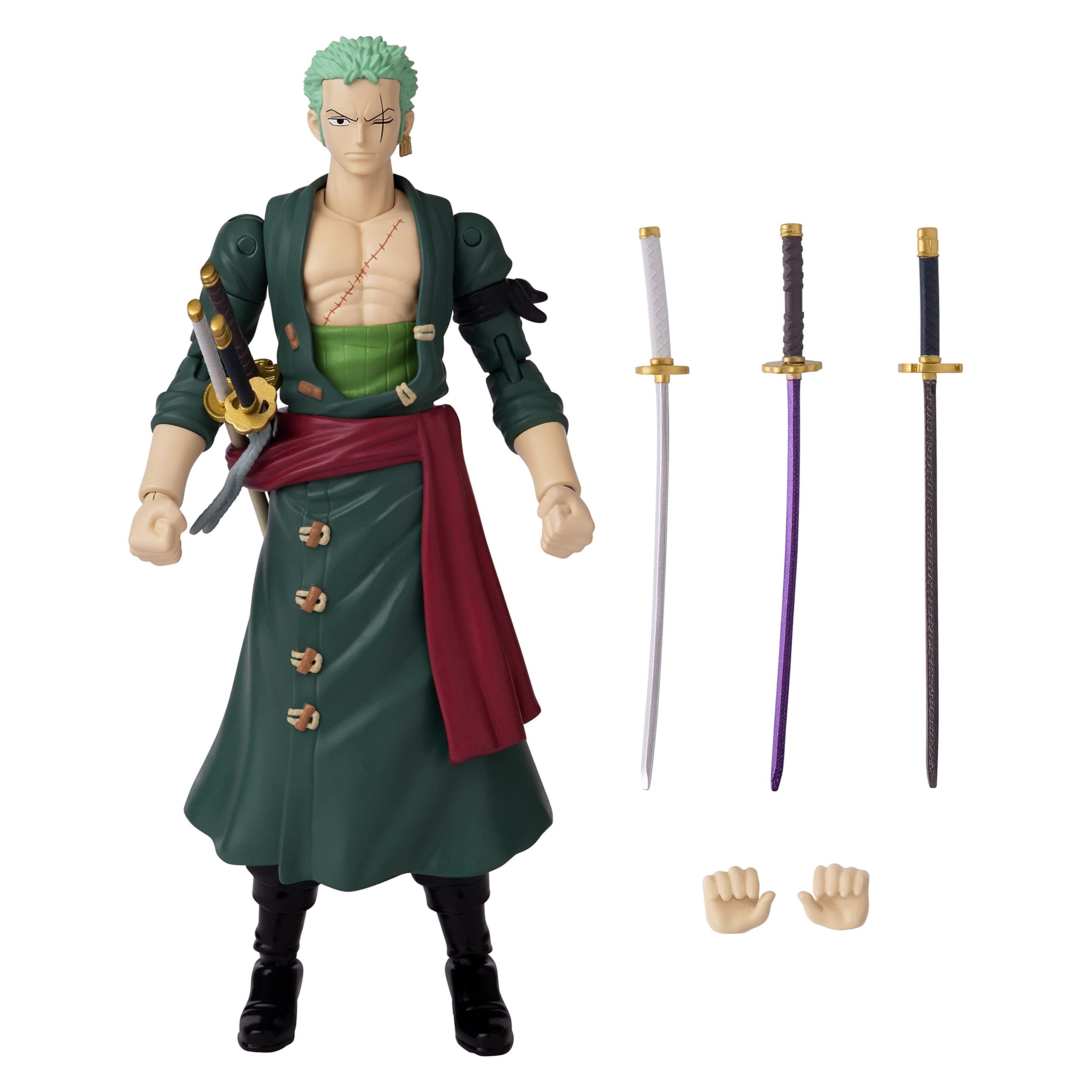 Dynamic swordsman action figure in green coat, showcasing craftsmanship with three distinct swords.