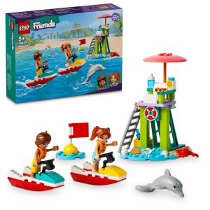 LEGO Friends Beach Adventure set with jet skis, lifeguard tower, and playful dolphin for imaginative play.