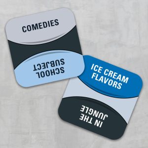 Playful cards for comedies and ice cream flavors suggesting a fun connection between humor and treats.
