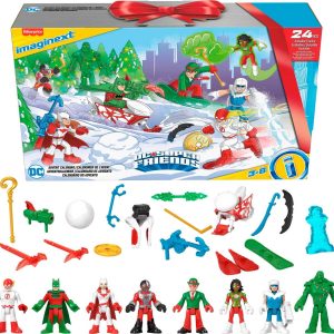 Colorful DC superhero action figures playset for winter adventures and holiday-themed storytelling.