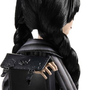 Whimsical doll with black braided hair, dark striped outfit, and stylish black backpack.