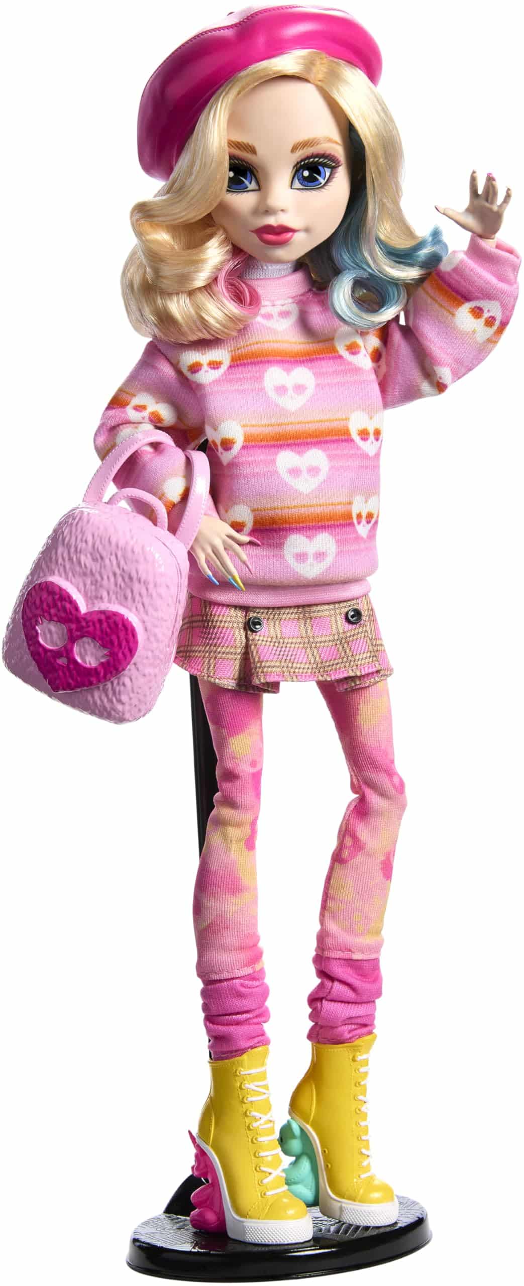 Trendy fashion doll in playful pink outfit, chic accessories, and vibrant yellow boots.