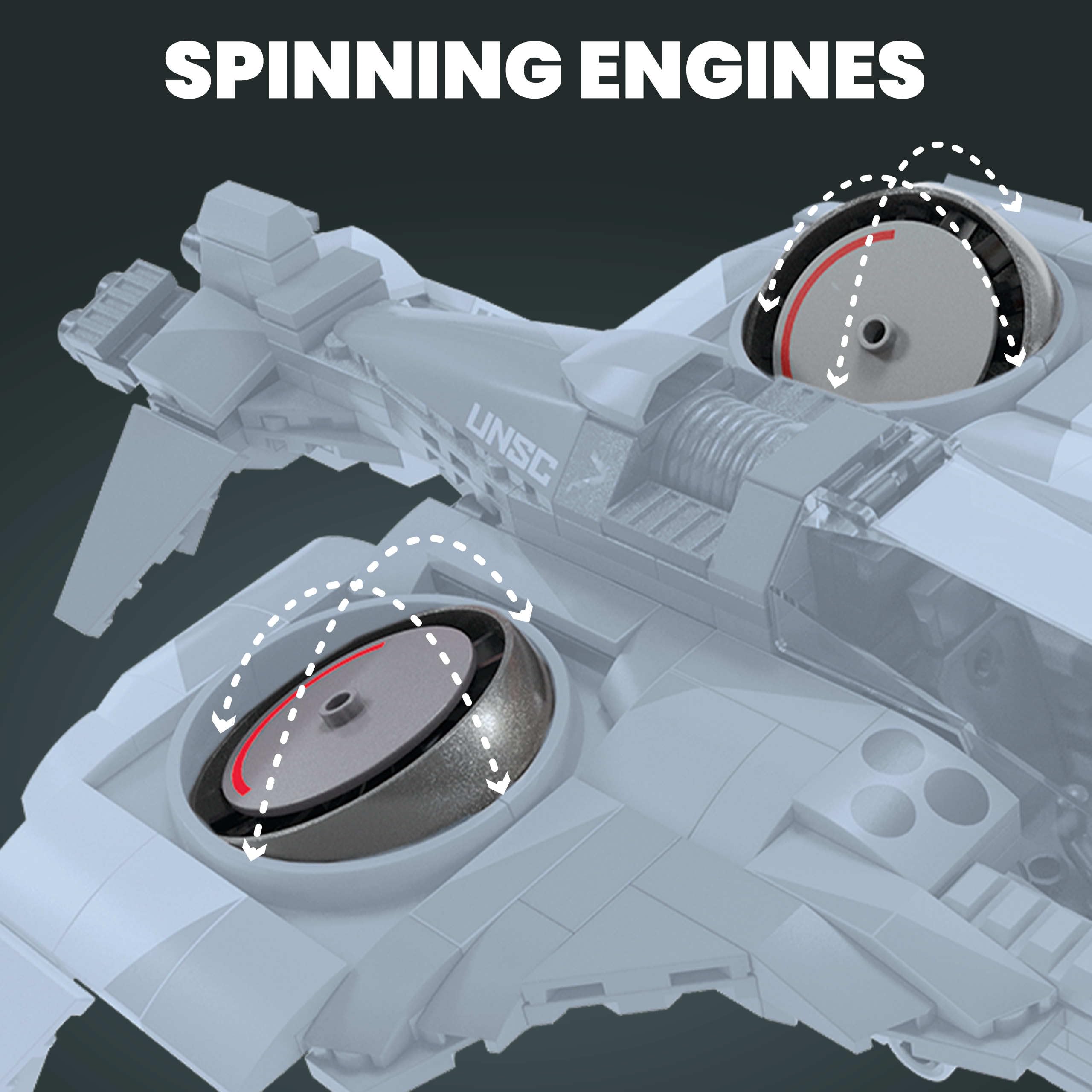 Sleek futuristic aircraft design with advanced spinning engines, showcasing innovative aerospace technology.
