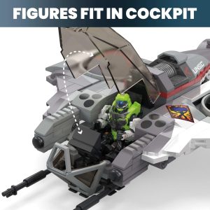 Futuristic vehicle cockpit for action figures with vibrant accents and combat-ready features.