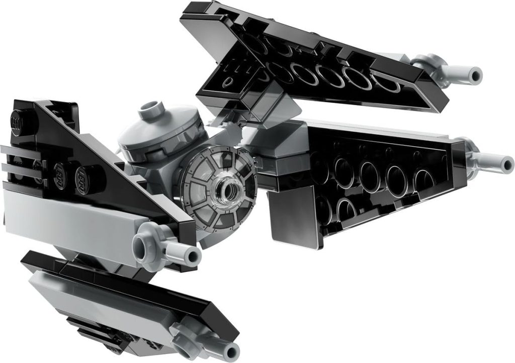 Sleek LEGO starship model with angular design and intricate details in dark gray and black.
