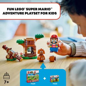 Child plays with LEGO Super Mario Adventure set, sparking creativity and fun for ages seven and up.