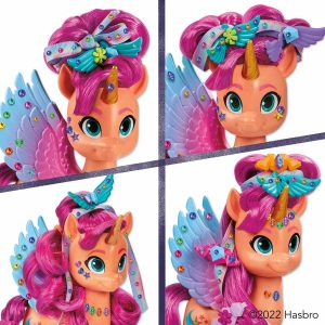 Colorful My Little Pony toy with butterfly wings, cheerful expression, and whimsical floral accessories.